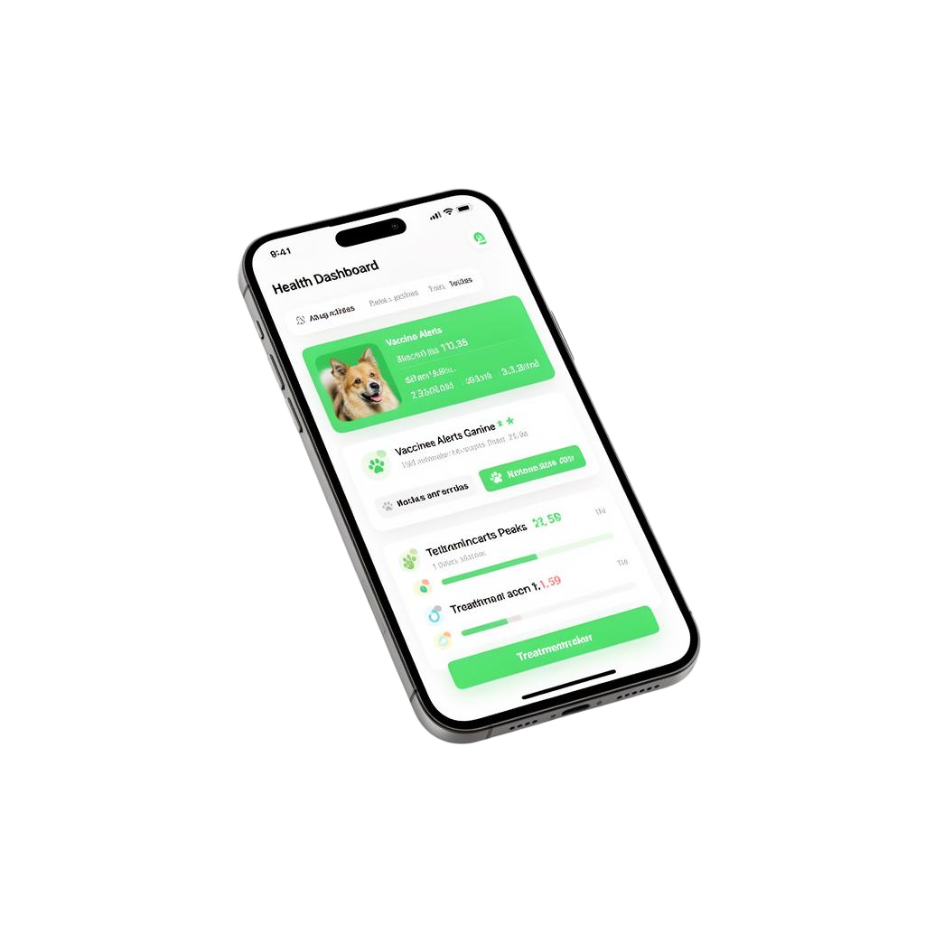 Maqueta de BobyApp en un teléfono móvil mostrando el panel de salud de la mascota